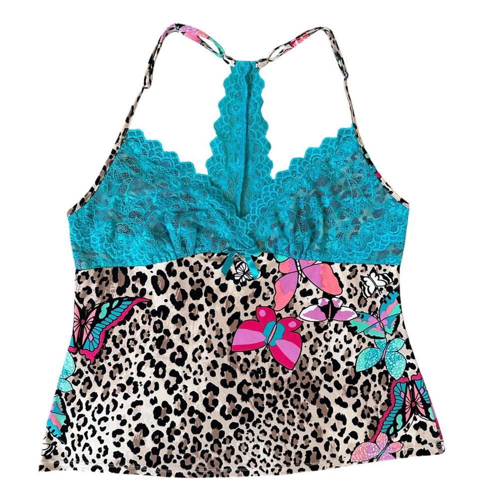 In Bloom Blue Lace Leopard & Butterfly Print Racerback Lingerie Tank Top Medium